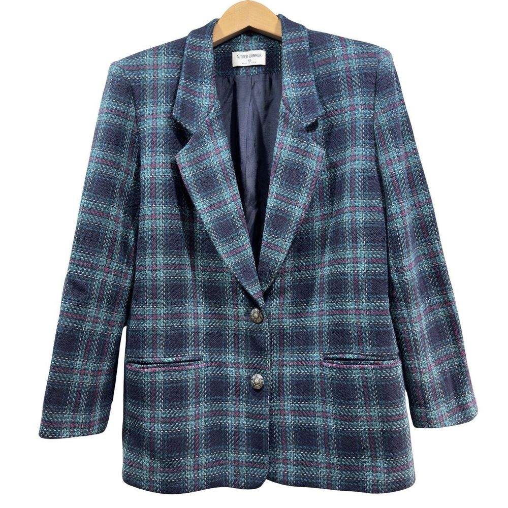 VINTAGE ALFRED DUNNER Women's Size 10 Wool Blend Plaid Lined Blazer Jacket Suit